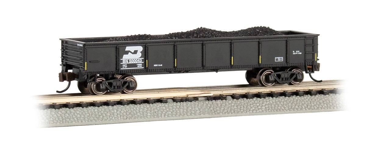 Bachmann N 40ft Steel Gondola with Load - Ready to Run - Burlington Northern #500043 (black)**