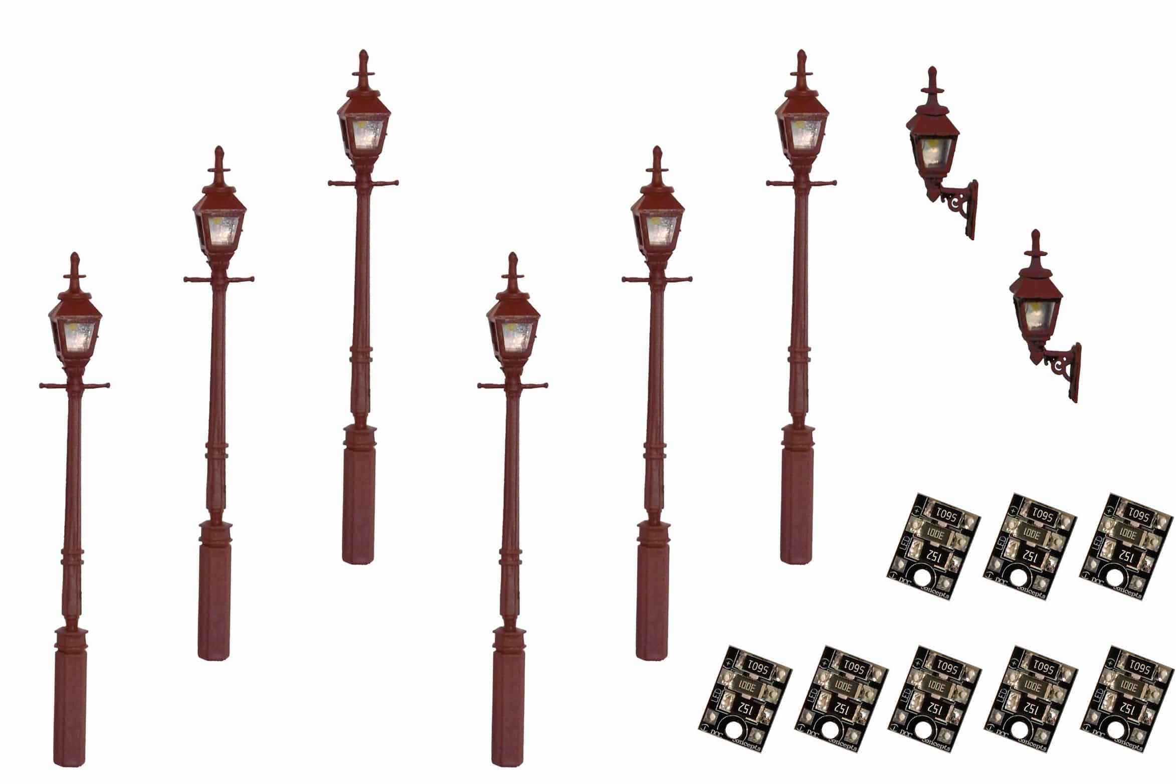 DCC Concepts 4mm Scale Gas Lamps Value Pack - Maroon (2x Wall Lamps, 6xStreet/Platform Lamps) - LML-VPGMR