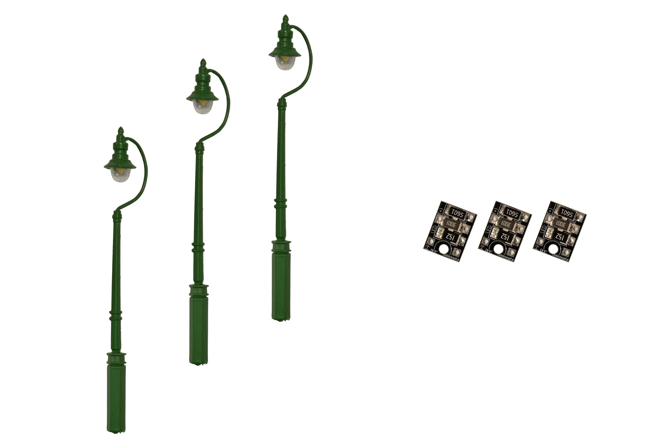 DCC Concepts 4mm Scale Swan-Neck Street/Platform Lamps - Green (3 pack) - LML-SSGR