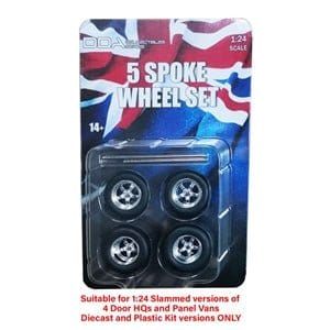 DDA 1/24 5 Spoke Chrome Wheels w/Tyres & Axles - Suits Slammed Models - Holden HQ & HJ - Ford XW & XY (4pcs)