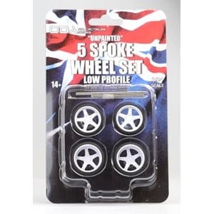DDA 1/24 Low Profile Unpainted Injected White 5 Spoke Wheels w/Tyres & Axles - Suits Slammed Models - Holden HQ & HJ - Ford XW & XY (4pcs)