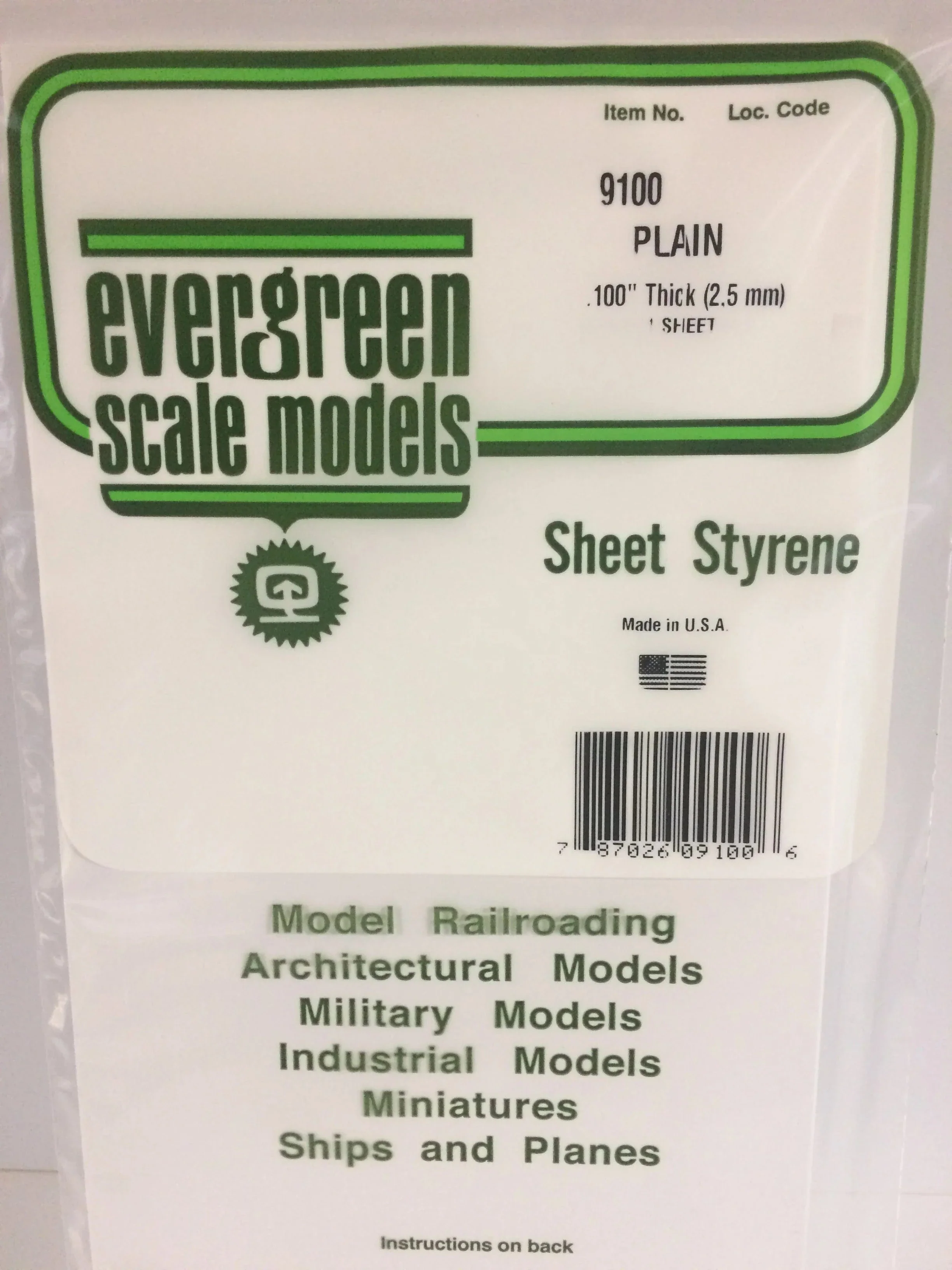 Evergreen 9100 Styrene Plain Sheet 2.5x150x300mm / .100x6x12" (1pc)