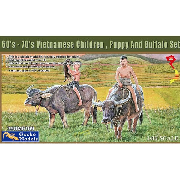 Gecko 1/35 1960s - 70s Vietnamese Children , Puppy And Buffalo Set Plastic Model Kit