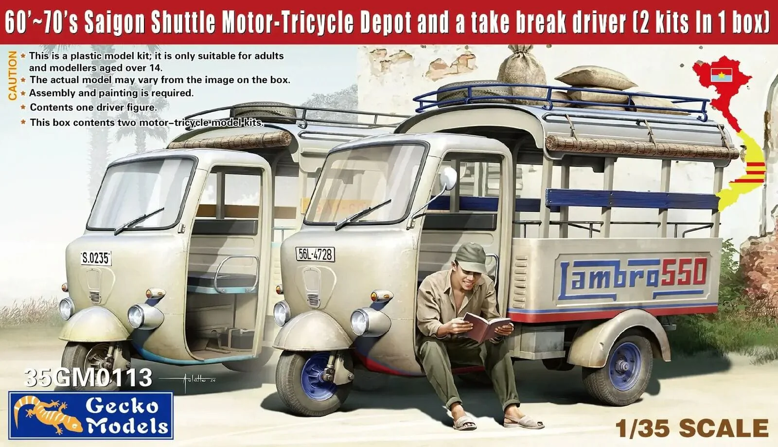 Gecko 1/35 60s-70s Saigon Shuttle Motor-Tricycle Depot 2-in-1 Plastic Model Kit