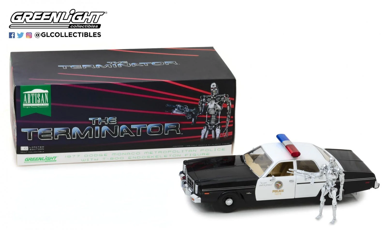 Greenlight 1/18 The Terminator 1977 Dodge Monaco Metropolitan Police with T-800 Endoskeleton Figure - Image 3