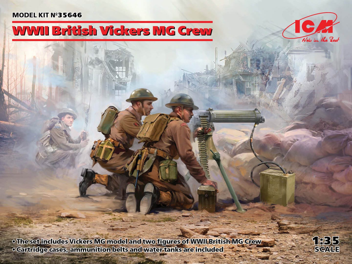 ICM 1/35 WWII British Vickers MG Crew (Vickers MG & 2 Figures) Plastic Model Kit
