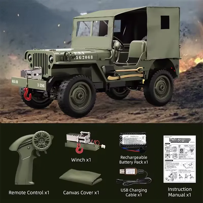 JJRC 1/10 Willys Jeep 4WD Military RC Crawler (with Canvas & Winch) - Image 2