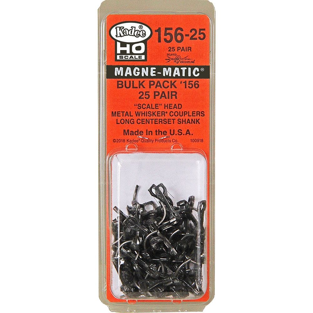 Kadee #156-25 HO Scale Bulk Pack - 25 pair 156 Scale Whisker Metal Couplers - Long (25/64") Centerset Shank