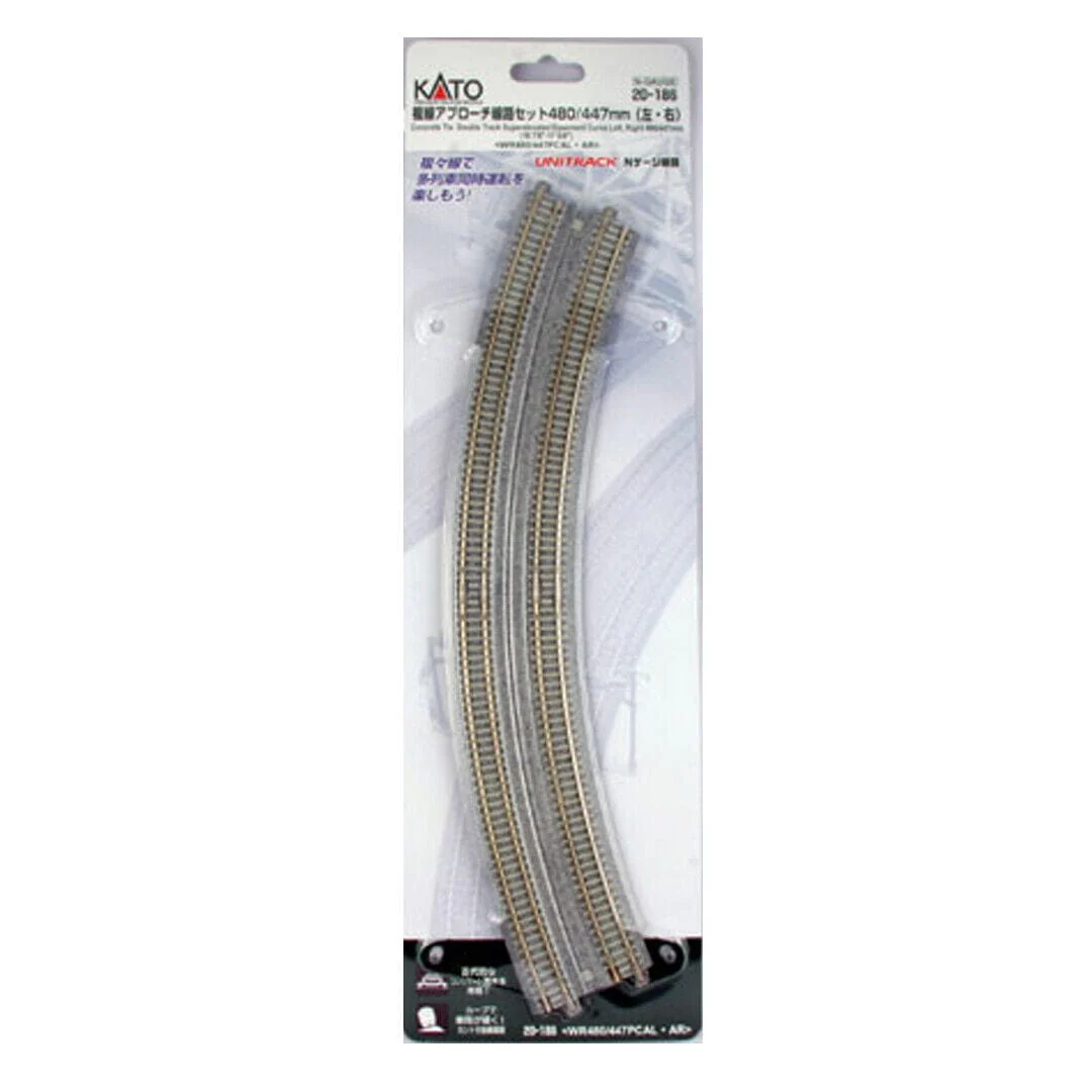 Kato N Curved Double Concrete Tie Superelevated Track - Unitrack - 18-7/8 & 17-5/8" 480 & 447mm Radius 22.5-Degree Easements, 1 Left & 1 Right - Image 2