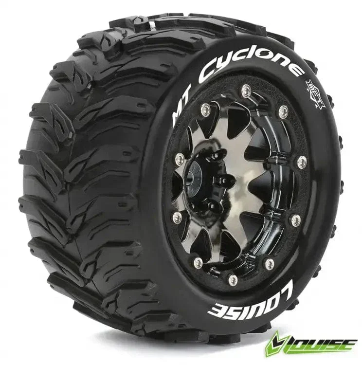 Louise 1/10 MT-CYCLONE Monster Truck MFT Tires on Black-Chrome 1/2" Offset Wheels (2pcs)