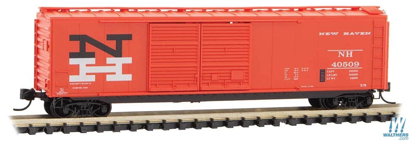 Micro Trains Line N 50ft Double-Door Boxcar - Ready to Run - New Haven 40509 (vermillion, black, white, Large McGinnis Logo)**