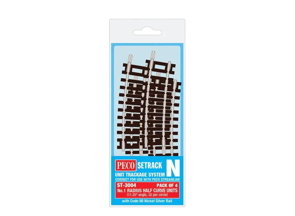 Peco ST-3004 N Scale Code 80 No.1 Radius Half Curve (4pcs)