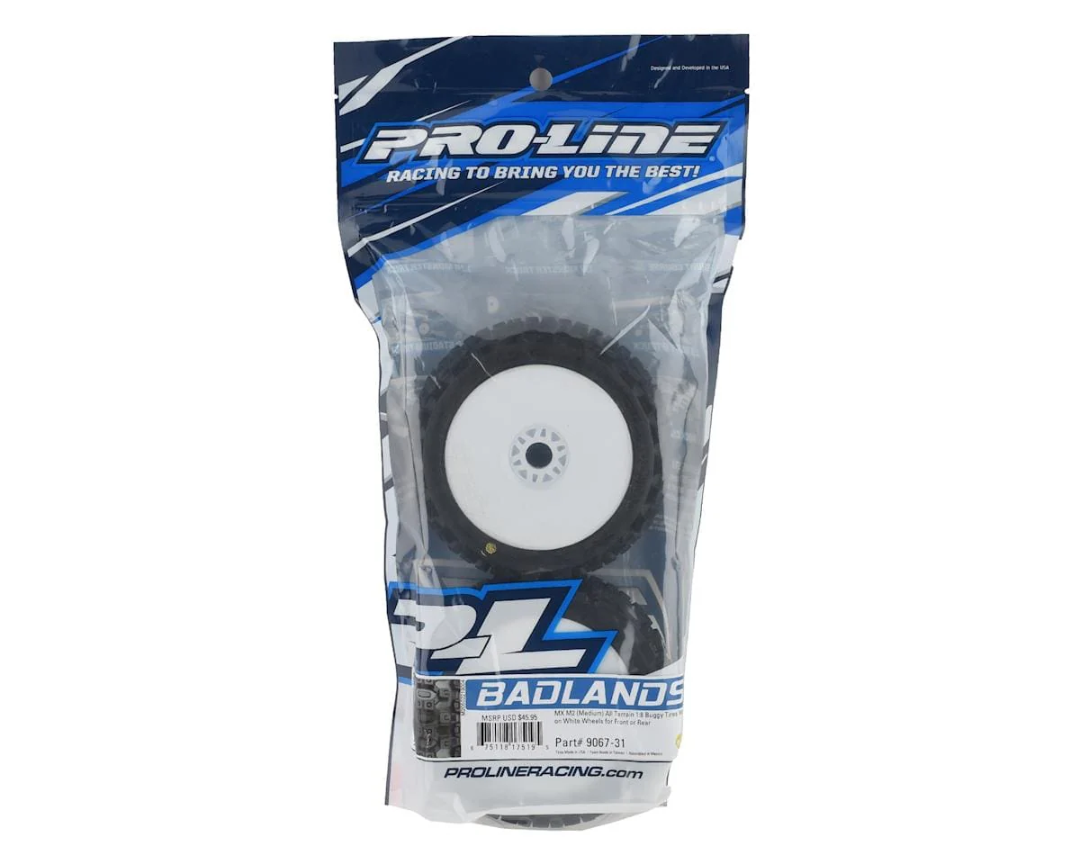 Proline Badlands MX M2 1/8 Buggy Tyres Mounted on White Wheels, F/R, PR9067-31 - Image 3