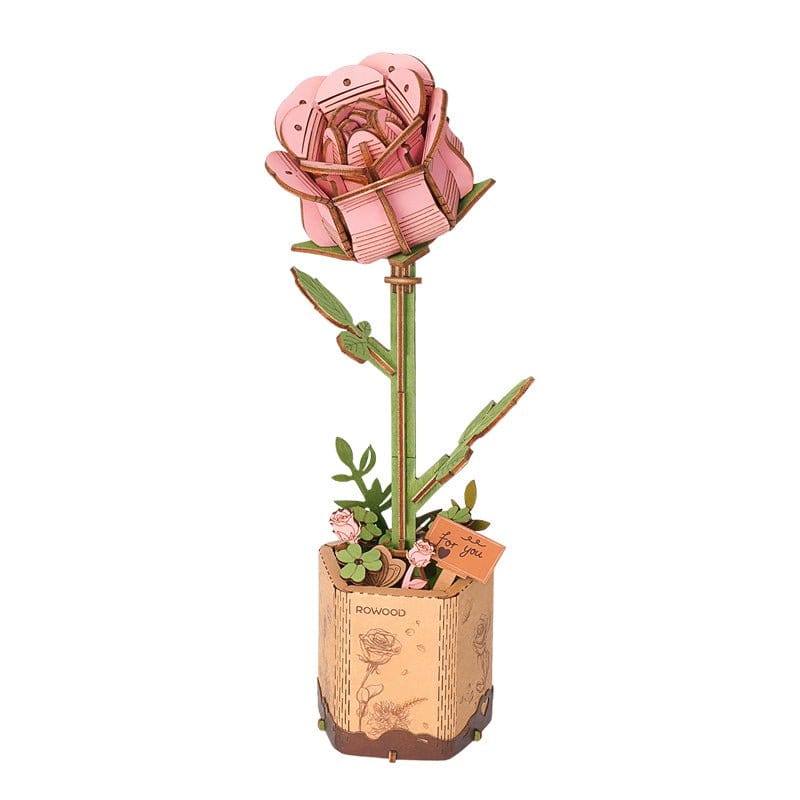 Robotime Wood Bloom Pink Rose Flower - Image 2