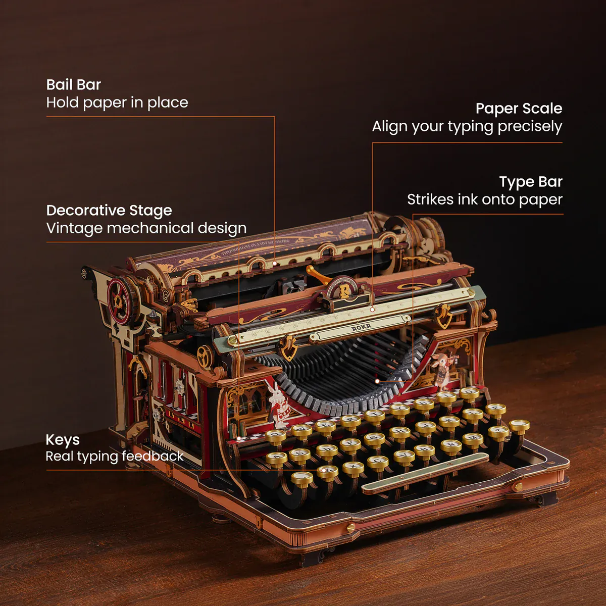 ROKR Mechanical Fairytale Typewriter Wooden Model Kit [LK703C] - Image 4