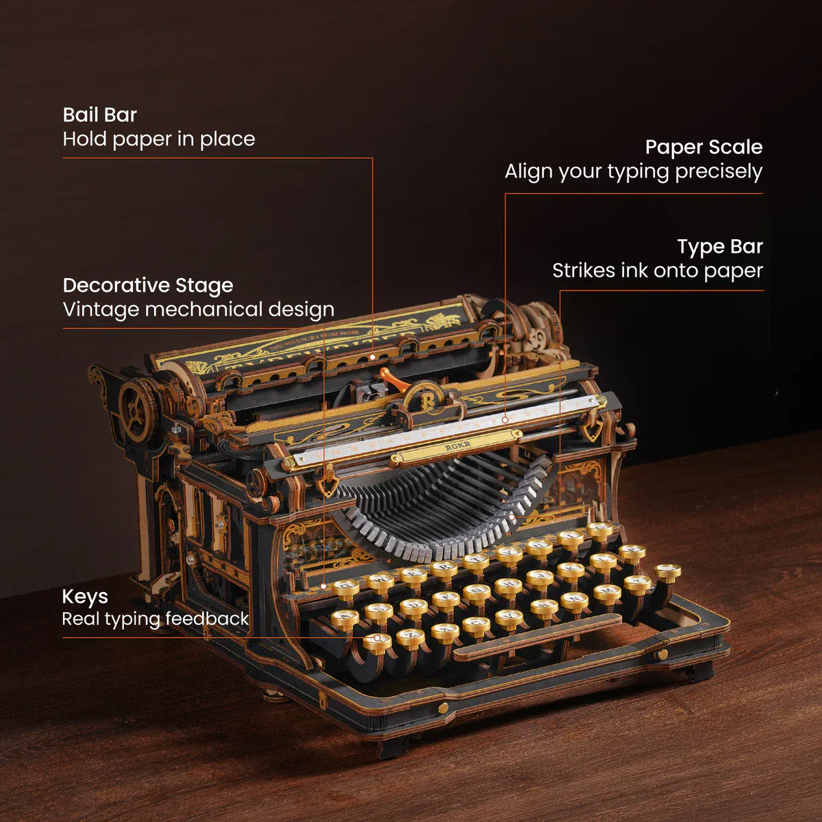 ROKR Mechanical Typewriter Wooden Model Kit [LK703B] - Image 6
