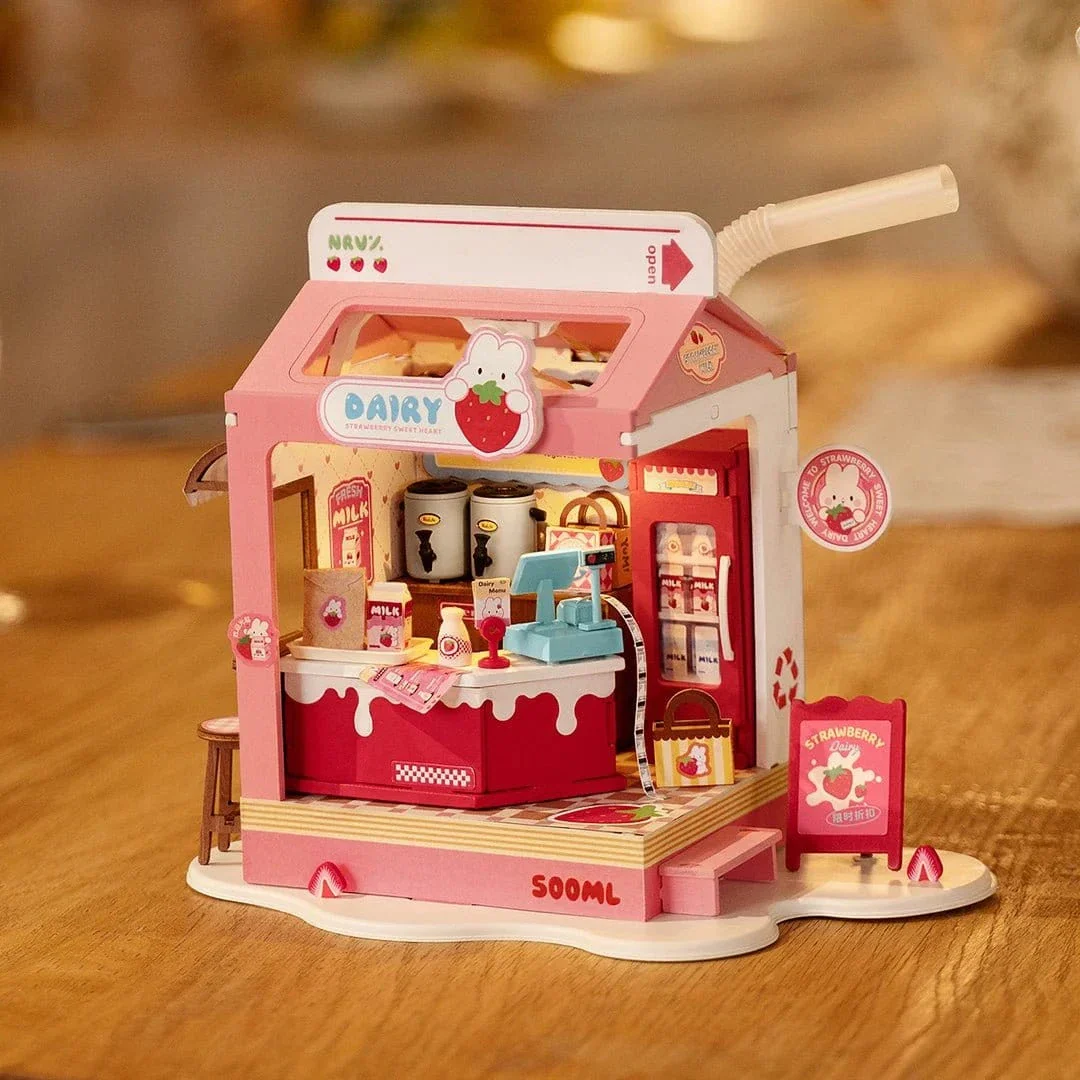Rolife Strawberry Milk Box Shop DIY Miniature House Kit - Image 3