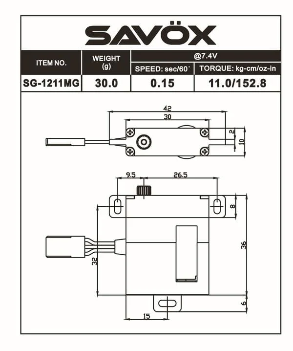 Savox 1211MG Glider Wing Servo 10mm Thick 11kg 7.4V** - Image 2