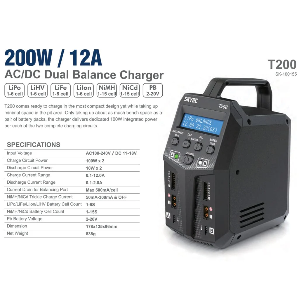 SKY RC T200 AC/DC 12A Dual output Charger Multi Chemistry Balance - Image 2