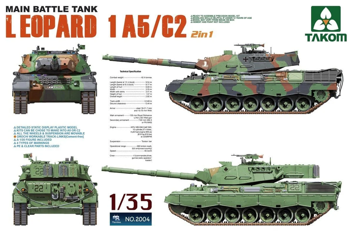 Takom 1/35 Main Battle Tank Leopard 1 A5/2C 2 in 1 Plastic Model Kit**