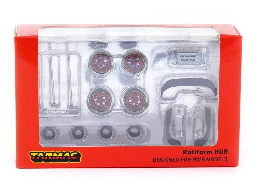 Tarmac 64W-006-RD 1/64 Rotiform HUR Chrome Red - - Package Includes/ 4 x Rims / 4 x Tires / 2 x Regular Axis / 2 x Cambered axis /  1 set of spacer / RWB accessories -  Suitcase, RWB 964 rear fenders, big rear wing**