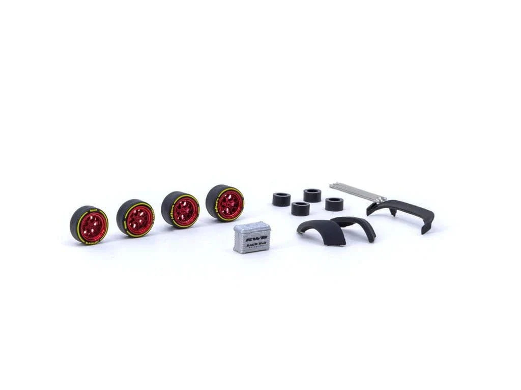 Tarmac 64W-006-RD 1/64 Rotiform HUR Chrome Red - - Package Includes/ 4 x Rims / 4 x Tires / 2 x Regular Axis / 2 x Cambered axis /  1 set of spacer / RWB accessories -  Suitcase, RWB 964 rear fenders, big rear wing** - Image 2