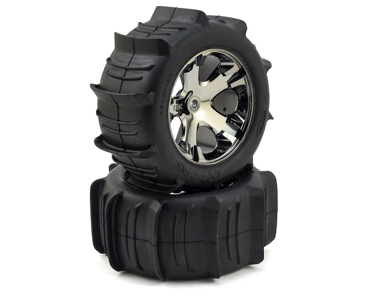 Traxxas 3776 2.8in Pre-Mounted Paddle Tires w/All-Star Nitro Rear Wheels (2) (Black Chrome)