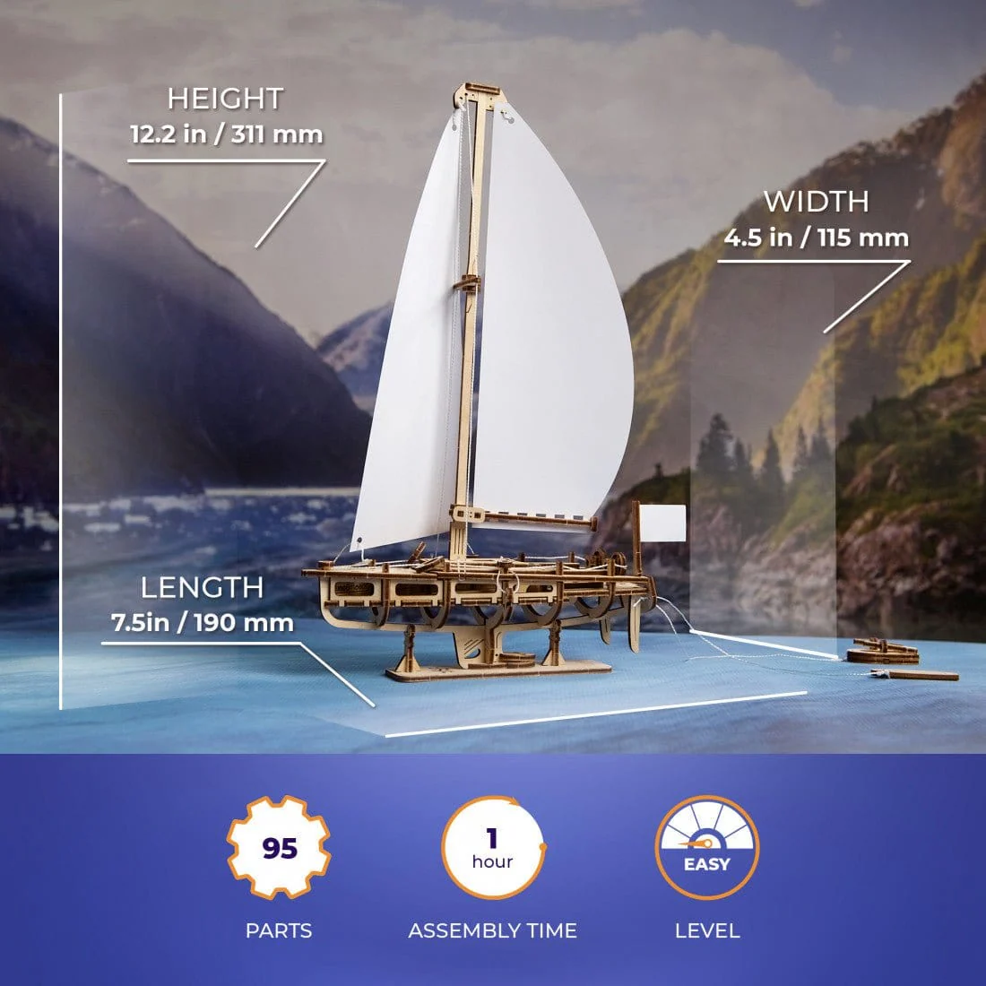 Ugears 70193 Ocean Beauty Yacht 95pc Wooden Model Kit - Image 4