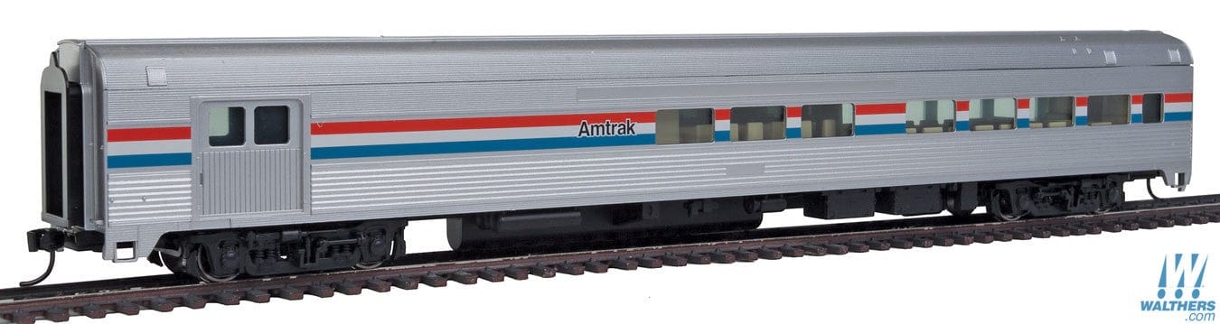 Walthers Mainline HO 85ft Budd Baggage-Lounge - Ready to Run - Amtrak (Phase III; silver, Equal red, white, blue Stripes)