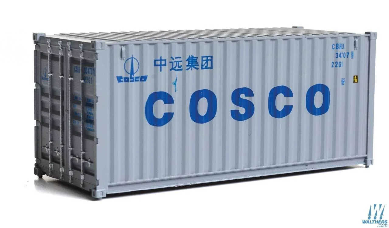 Walthers SceneMaster HO 20ft Corrugated Container - Assembled - China Ocean Shipping Company (gray, blue)