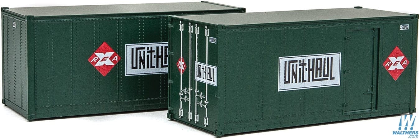 Walthers SceneMaster HO 20ft Smooth-Side Container with Right Side Door 2-Pack - Ready to Run - Railway Express Agency #260090, 260092 (green, red; Unit Haul Logo)**